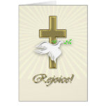 A Golden cross with a white dove and Rejoice Card