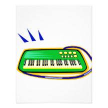 A green keytar with a blue strap graphic, custom invitations