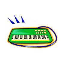 A green keytar with a blue strap graphic, photo cutout