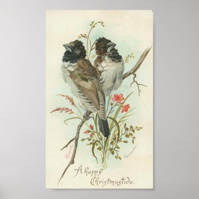 A Happy Christmastide Vintage Birds Print by angelandspot