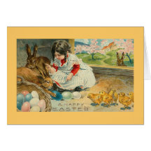 A Little Girl and Her Bunnies Easter Card