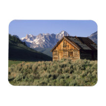 A log cabin and the Sawtooth Mountains in Rectangle Magnet
