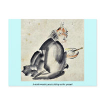 A monk wearing mask,sitting on the ground post card