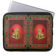 A Pair of Golden Foo Dogs on Red Computer Sleeve