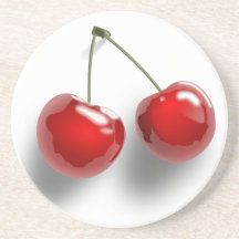 A Pair of Two Red Shinny Cherries on their Stem Coasters