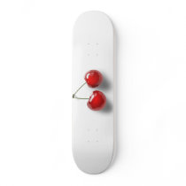 A Pair of Two Red Shinny Cherries on their Stem Skateboard