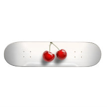 A Pair of Two Red Shinny Cherries on their Stem Skateboard
