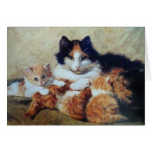 A Proud Mother - A Cat with her Yellow Kittens Greeting Cards