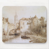 A view of a town with a bell tower mouse pads