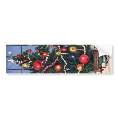 A Vintage  Happy Christmas Tree Bumper Sticker by ArtisticFootprints