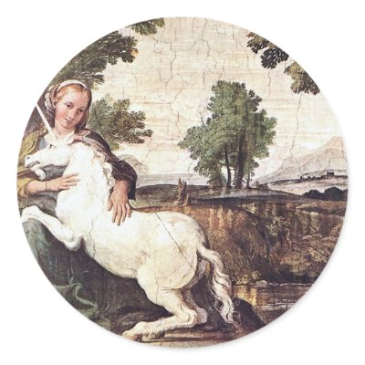 A Virgin with a Unicorn by Domenico Zampieri Round Sticker by ArtisticFootprints