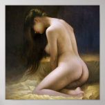 A woman sitting on a golden bed Print