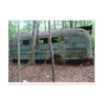 Abandoned Old Green Bus in the Woods Postcards