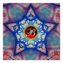 ABSTRACT BLUE STAR RED RUBY GEM STONE  MONOGRAM PERSONALIZED INVITES