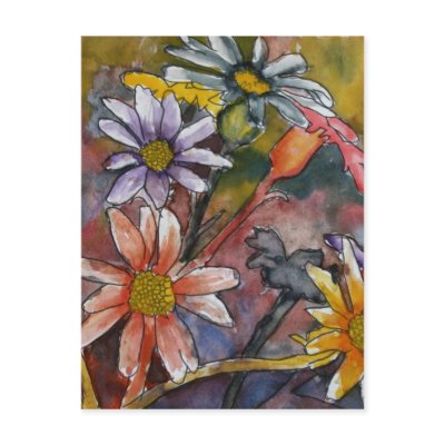 abstract daisy flowers watercolor painting art postcard by dereklovessheila