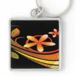 Abstract Green and Orange Flowers on Black Key Chains