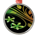 Abstract Green and Orange Flowers on Black Christmas Ornament
