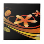Abstract Green and Orange Flowers on Black Ceramic Tile