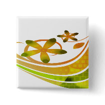 Abstract Green and Orange Flowers on White Pinback Button