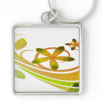 Abstract Green and Orange Flowers on White Key Chain