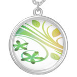 Abstract Green and Orange Flowers on White Necklace