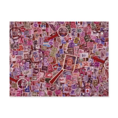 Abstract Postage stamps and magnifiers Post Cards by inspirelove