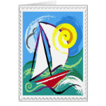 Abstract Sailboat and Sun Stamp