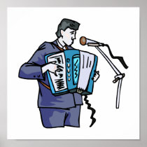 Accordian player, dark blue, singing graphic desig posters