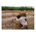 ACEO ATC Cyclist pushes bike through mud in china business cards