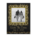 Add Photo Save The date Postcard Black Gold Leaf