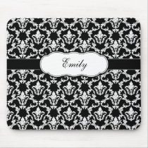 Add Your Name Black on White Damask Mousepad