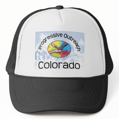 Adjustable black cap, white panel, mountain logo by ProgressiveOutreach