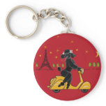 Adorable Black Poodle on a  in Paris keychains