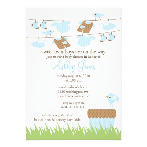 Adorable Clothesline Twins Baby Boy Shower Personalised Invitation