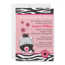 Adorable Pink Zebra Baby Shower Invitations