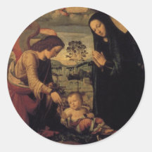 "Adoration of the Child with Angel" Round Stickers