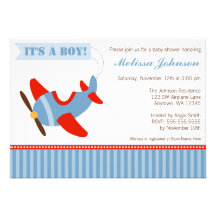Aeroplane Stripes Red Blue Boy Baby Shower Personalised Announcement