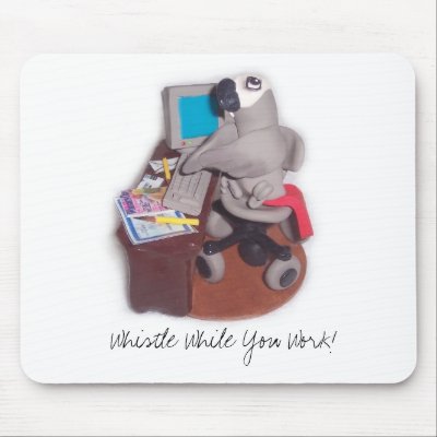 African Grey Parrot at Desk, Whistle While You Wor Mouse Pad by FeathersnFur