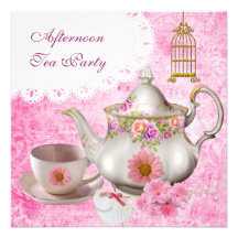 Afternoon Tea Party Vintage Pink Floral Teapot Personalized Invitations