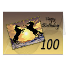 Age 100, Birthday card with rearing horses