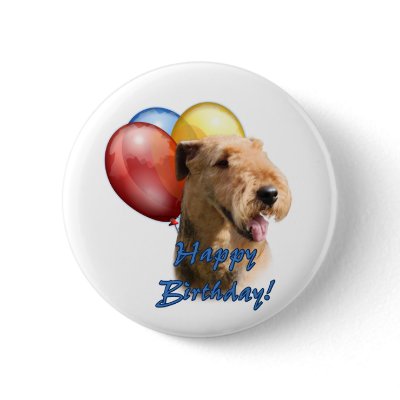 Airedale Terrier Happy Birthday Balloon Pinback Buttons by GreyWolfCreation