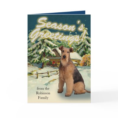 Airedale Terrier Snow Cabin Christmas Cards by ChristmasCardShop