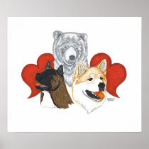 akita and bear head portrait print