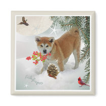 Akita  puppy playing in snow fridge magnets