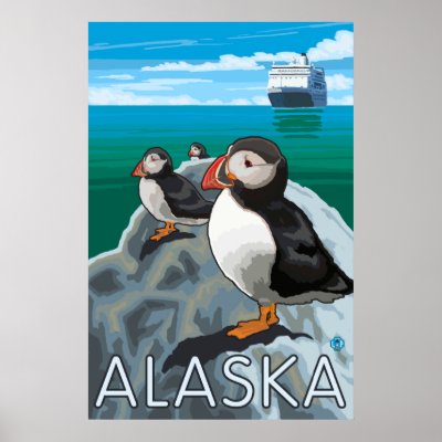 Alaska - Puffins watching a Cruise Ship Posters by LanternPress