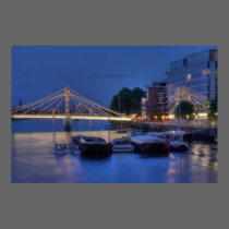 Albert Bridge and Thames River at night posters