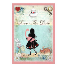 Alice, Flamingo & Cat Save the Date Wedding Personalized Invitations