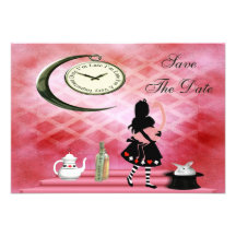 Alice & Pink Flamingo Wedding Save the Date Custom Invites