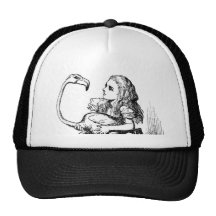 Alice trying to play croquet with a flamingo trucker hat