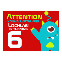 Alien birthday boy 6th aqua orange invitation